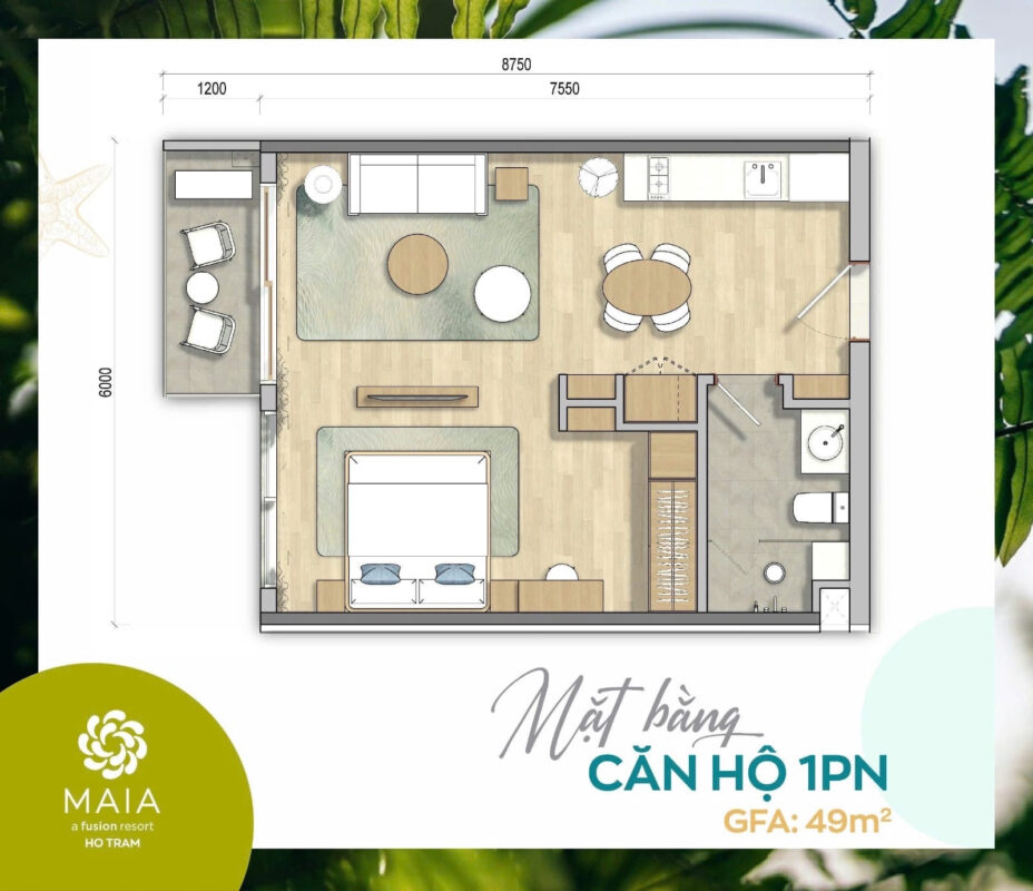 Mặt bằng căn hộ 1 phòng ngủ Maia Resort Hồ Tràm