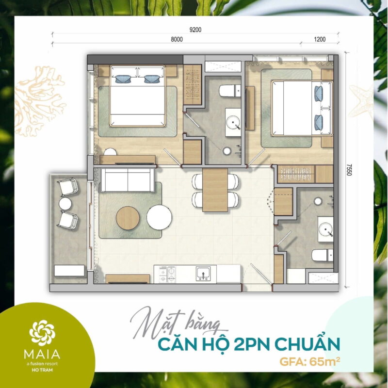 Mặt bằng căn hộ 2 phòng ngủ Maia Resort Hồ Tràm